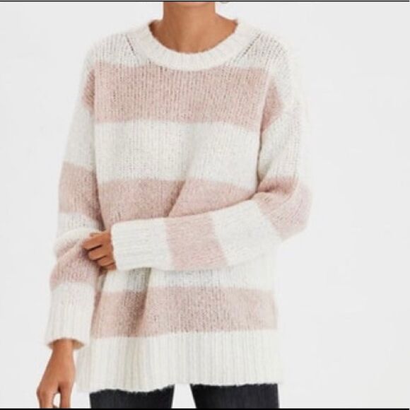 American Eagle Outfitters Jegging Fit Blush Pink Striped Wool Blend Sweater - Picture 1 of 16